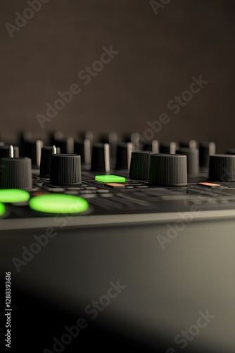 Close-up of sound mixer showcasing illuminated buttons and textu