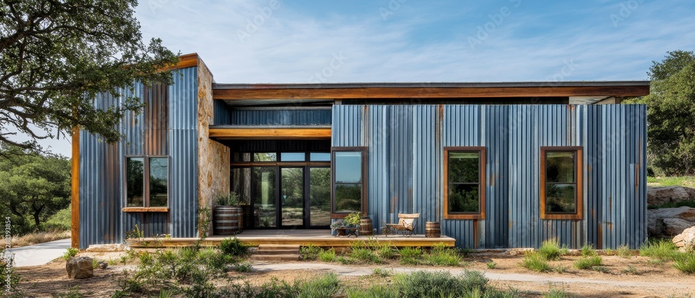 Obraz premium Rustic Charm: Contemporary Home with Corrugated Metal and Natural Surroundings 