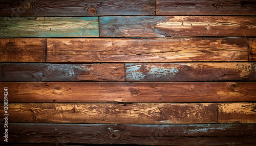 Rustic wooden planks in warm brown tones with subtle blue accents, featuring a weathered finish and arranged horizontally