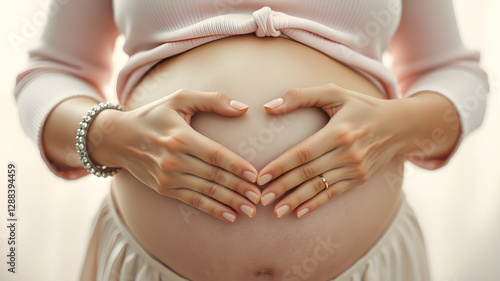 A close-up of a pregnant woman’s hands forming a heart shape on her belly against a soft pastel background, symbolizing love, motherhood, and new life—perfect for maternity and parenting advertisement