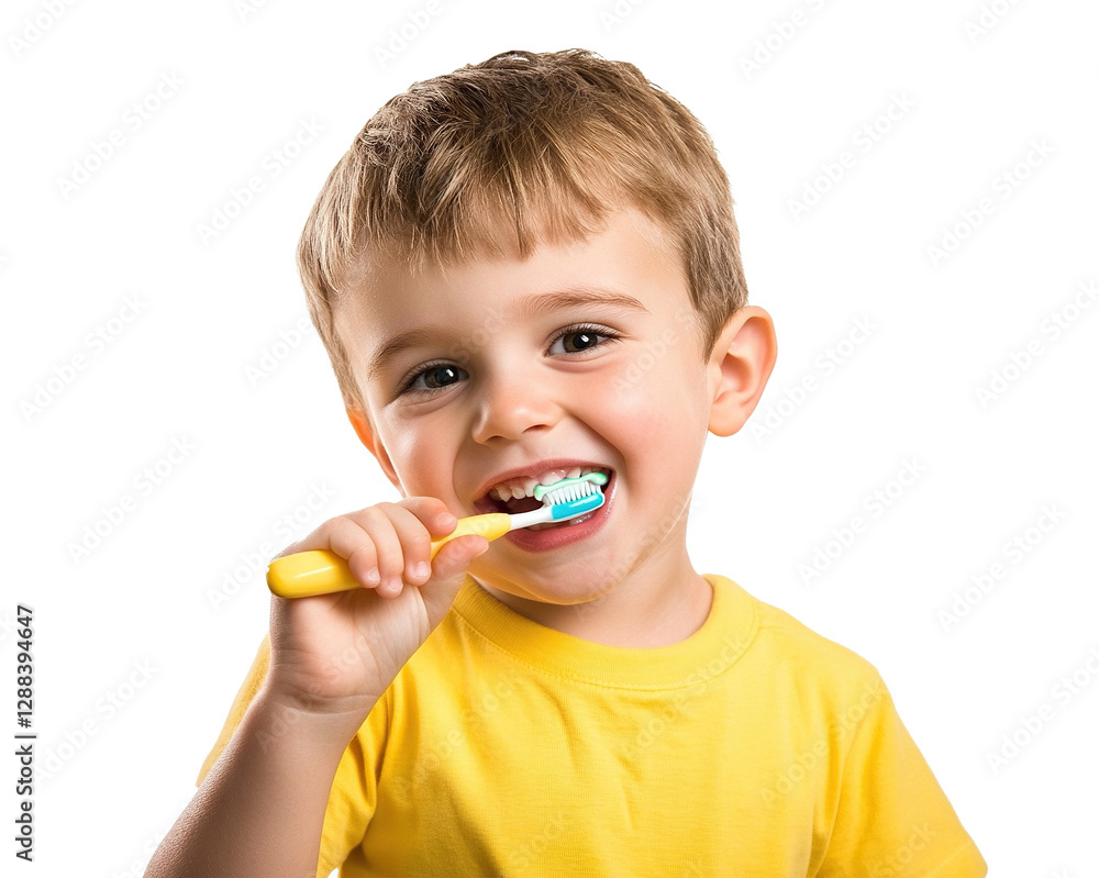 Happy young boy brushing his teeth with a toothbrush, isolated on transparent cutout background Happy young boy brushing his teeth with a toothbrush, isolated on transparent cutout background