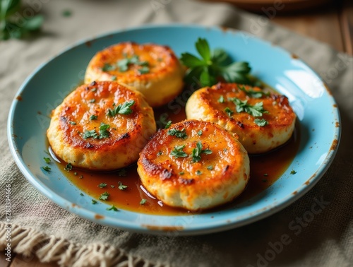 Delicious syrniki with caramel sauce and parsley on rustic blue plate photo