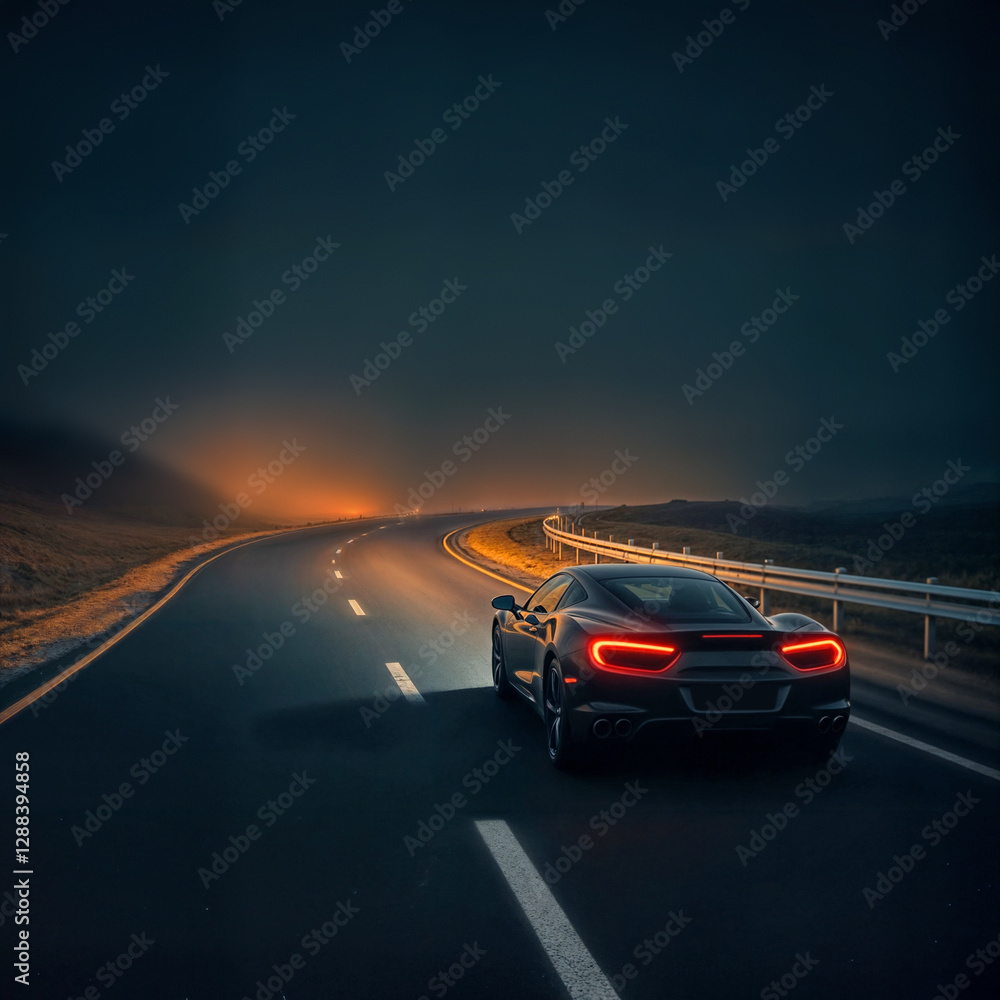Naklejka premium Sporty car driving on a dark, curved road surrounded by fog during twilight hours