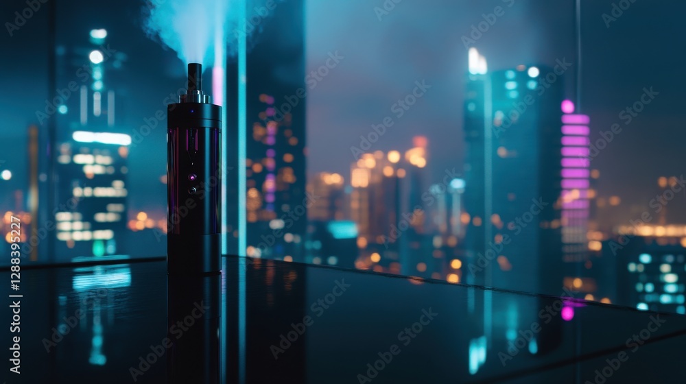 Vaping device on a black glass surface in front of a neon-lit city skyline. Featuring urban life and relaxation Vaping device on a black glass surface in front of a neon-lit city skyline. Featuring urban life and relaxation