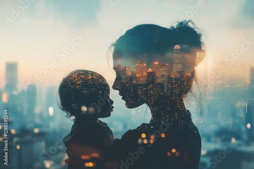 mother with child on the background of the city