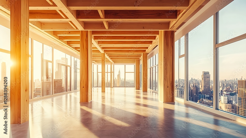 Spacious Empty Room with Wooden Beams and Large Windows Over City Spacious Empty Room with Wooden Beams and Large Windows Over City