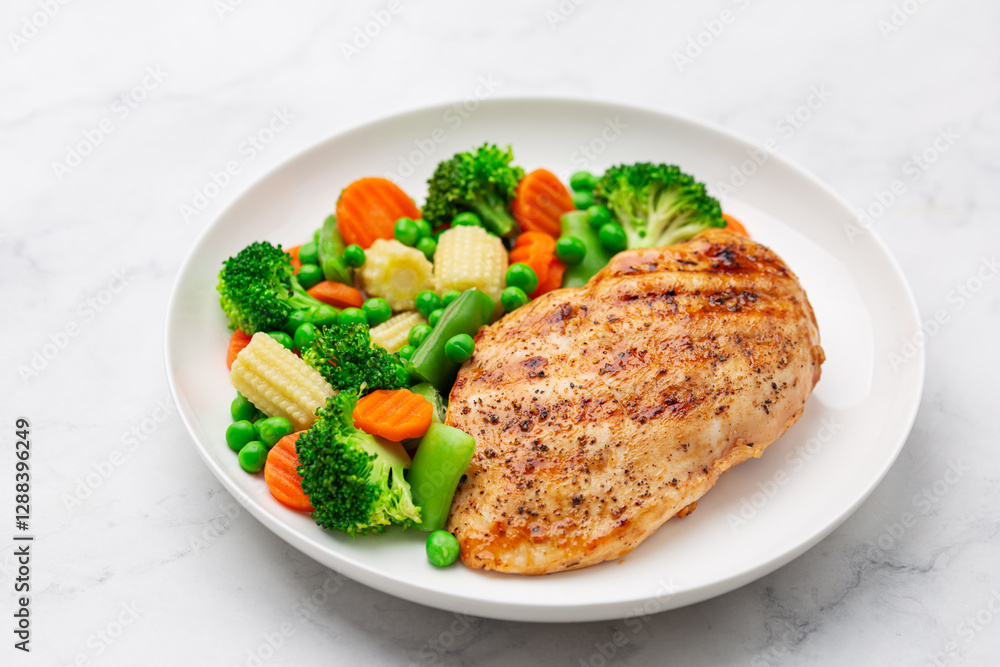 grilled chicken breast with cooked vegetables on white plate, healthy weight loss meal, grilled chicken breast with cooked vegetables on white plate, healthy weight loss meal,