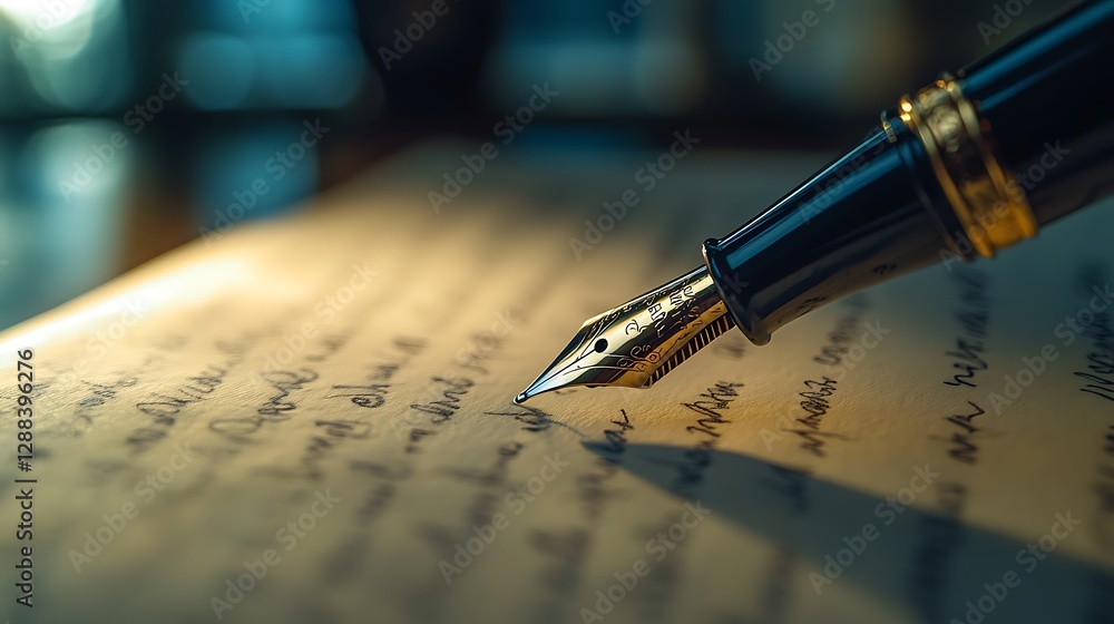 Fototapeta premium Writing with Gold Nib Fountain Pen on Lined Paper Close-up
