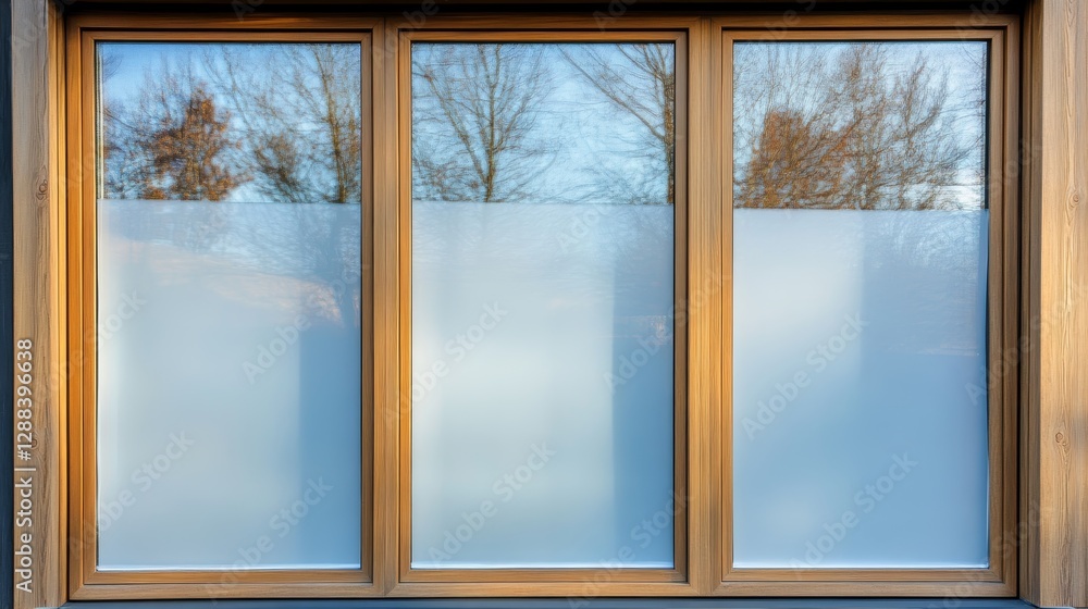 Frosted Glass Film on Wooden Windows with Nature Reflections Frosted Glass Film on Wooden Windows with Nature Reflections