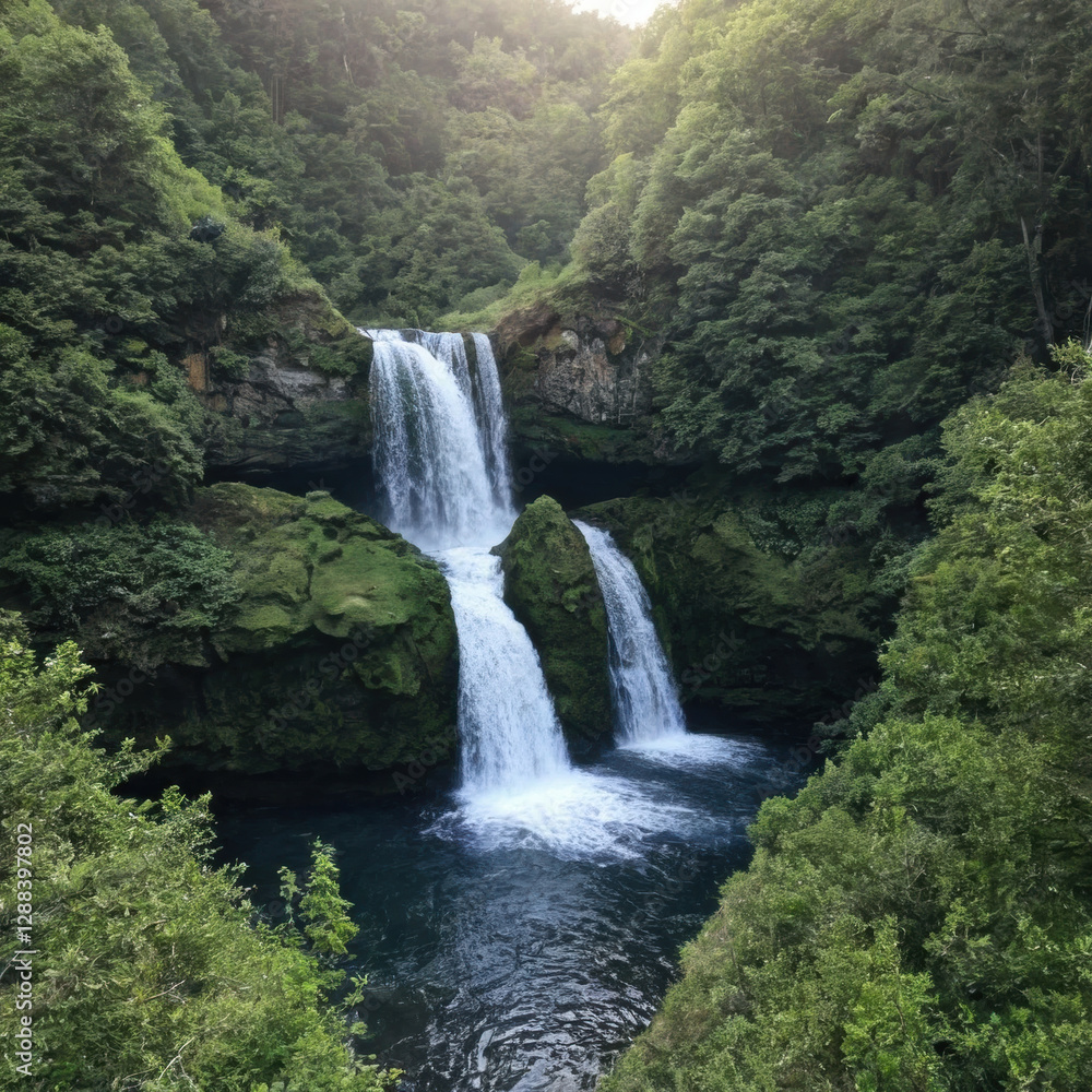 Waterfall cascade flow through lush forest, among green tree and rock cliff to pool below, evoke tranquility and serenity Waterfall cascade flow through lush forest, among green tree and rock cliff to pool below, evoke tranquility and serenity