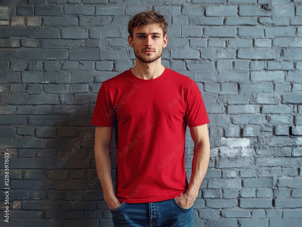 Portrait of a Handsome Man Wearing a Red T-Shirt Against a Brick Wall Background Portrait of a Handsome Man Wearing a Red T-Shirt Against a Brick Wall Background