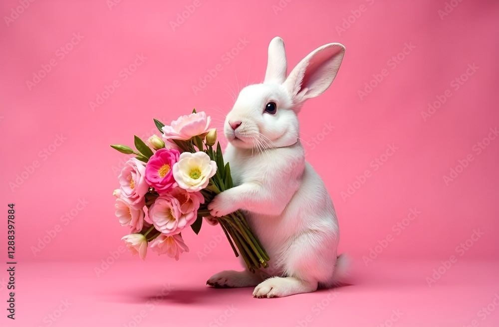 Fototapeta premium The white rabbit holds in his paws a bouquet of tulips on an empty pink background. International Women's Day. Mother's Day. Valentine's Day. International Rabbit Day.