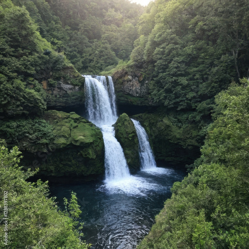 Waterfall cascade flow through lush forest, among green tree and rock cliff to pool below, evoke tranquility and serenity