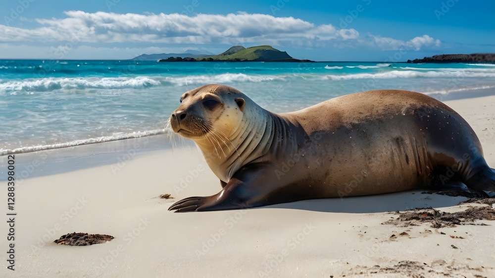 Fototapeta premium Relaxed Galápagos Sea Lion Resting on a Sandy Beach with Turquoise Ocean Backdrop