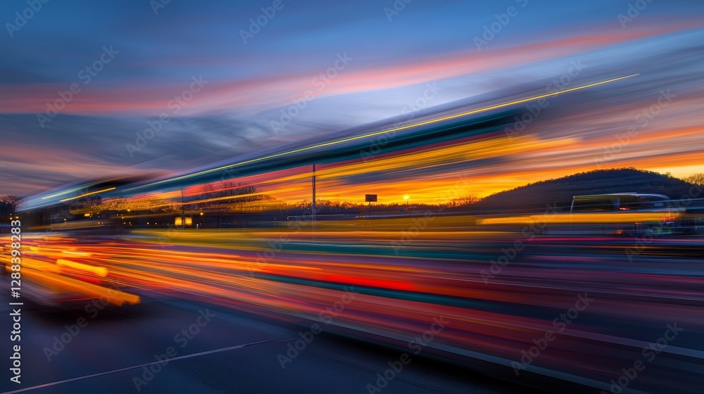 Mountain Flow Highway at Sunset - Buses and Traffic Illuminate the Twilight Horizon Mountain Flow Highway at Sunset - Buses and Traffic Illuminate the Twilight Horizon
