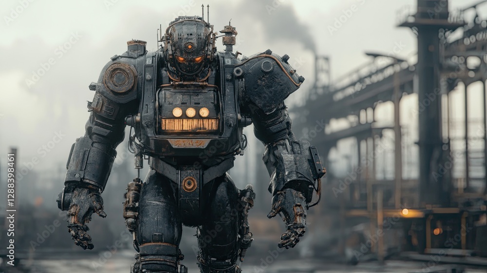 Fototapeta premium Post-apocalyptic robot standing in a desolate landscape of ruins and debris. Detailed metallic armor reflects an industrial and futuristic aesthetic. Generative AI