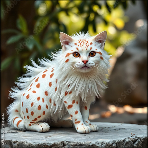 Long hair cat with white fur, orange spot sit on rock with mildly surprised, curious expression, looking straight ahead in an outdoor, bright, blurry background