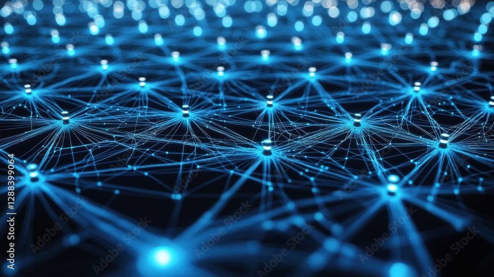 AI Ethics and Cybersecurity concepts. Abstract blue network with glowing nodes and connections. AI Ethics and Cybersecurity concepts. Abstract blue network with glowing nodes and connections.