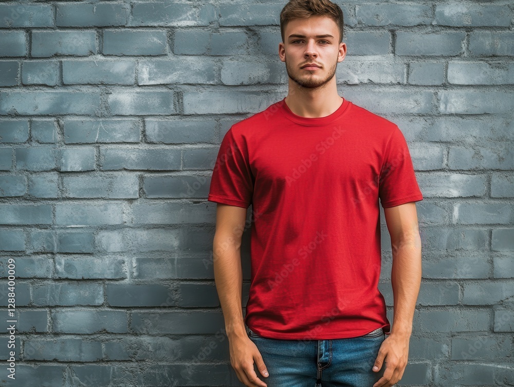 Portrait of a Young Man in Red T-Shirt Against a Brick Wall Background Portrait of a Young Man in Red T-Shirt Against a Brick Wall Background