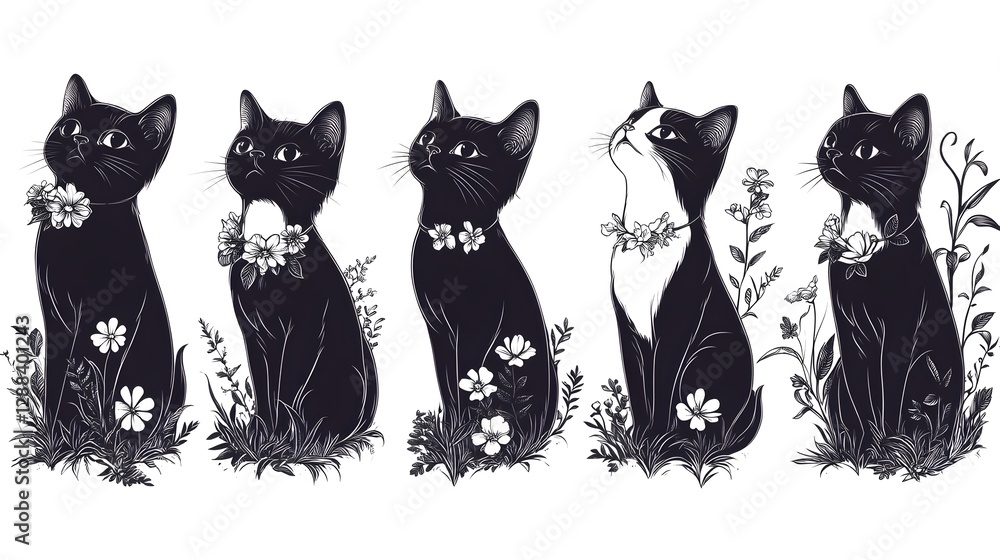 Fototapeta premium Three black cats relaxing comfortably in lush green grass under a bright sun