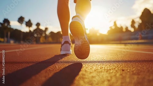 Young Athlete Running on Track in Stadium at Sunset with Sunlight Beams