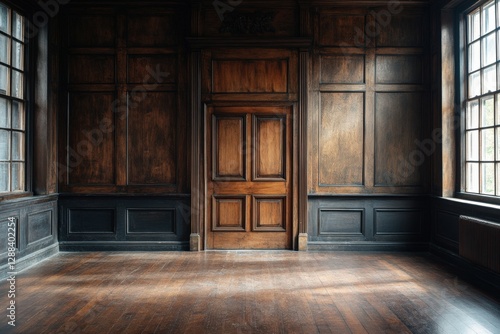 A Serene Empty Room with Wooden Walls and Doors, Bathed in Soft Natural Light, Evoking a Sense of History and Timelessness photo