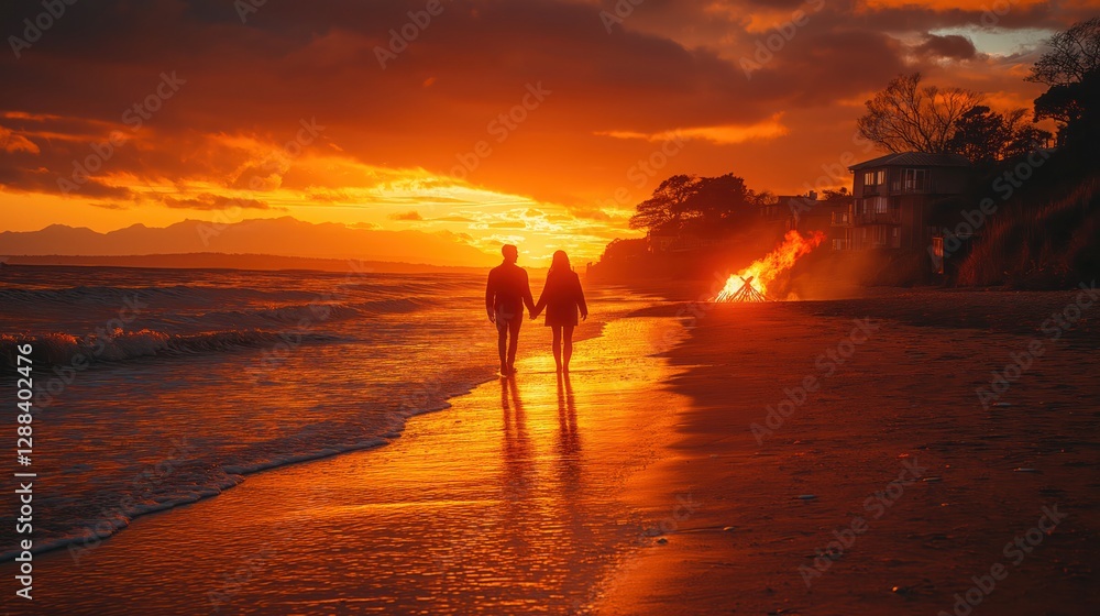 romantic beachside Valentine’s evening with couple, heart-shaped bonfire, and sunset glow