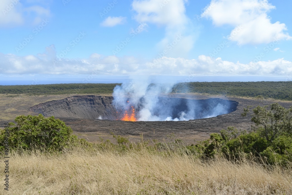 Fototapeta premium Bubbling lava fills volcanic crater under cloudy blue skies at Hawaii's Kilauea. Generative AI