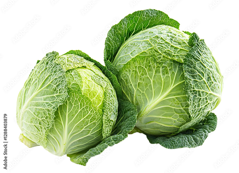 Fototapeta premium Fresh green cabbage heads, isolated on transparent cutout background