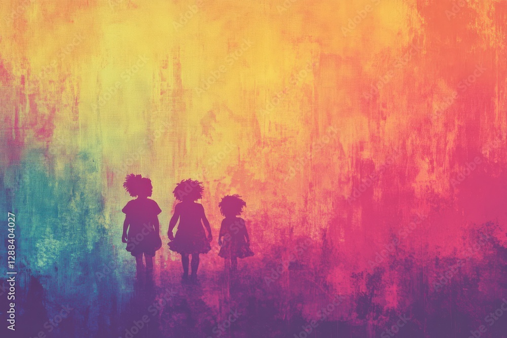 Fototapeta premium Three Silhouetted Girls of Diverse Ages Walking Together Against a Vibrant Colorful Background of Blended Yellows, Reds, and Blues