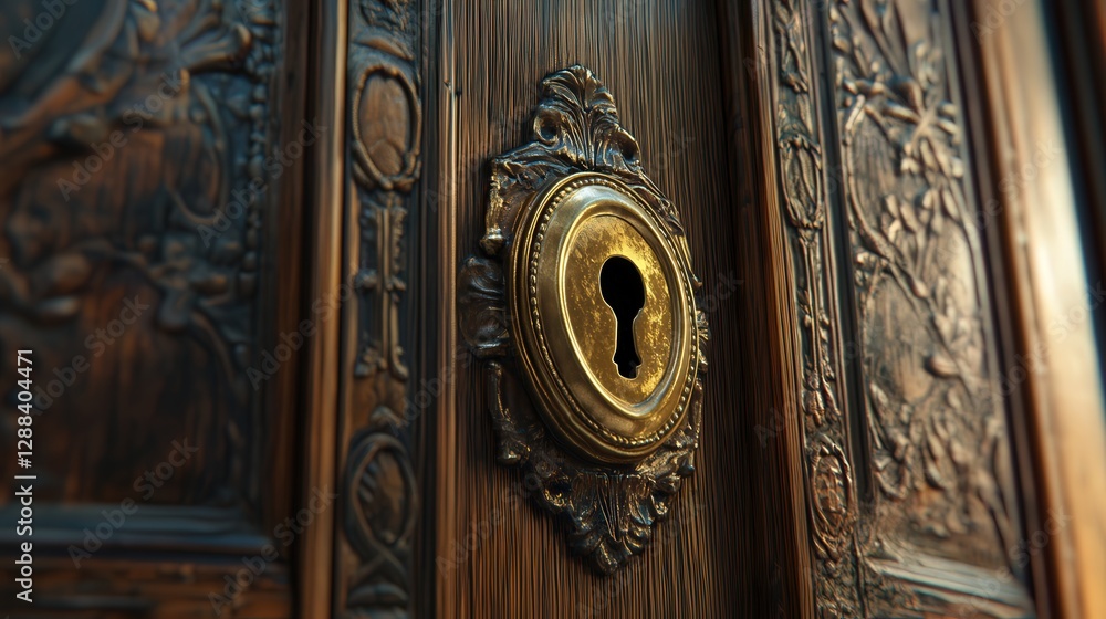 a golden brass door handle, complemented by a traditional oval-shaped keyhole on an intricately carved wooden door a golden brass door handle, complemented by a traditional oval-shaped keyhole on an intricately carved wooden door