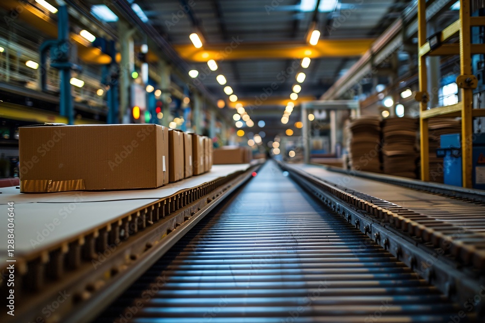 Cardboard boxes are lined up on a conveyor belt inside a busy warehouse, with various equipment and lights illuminating the bustling environment Cardboard boxes are lined up on a conveyor belt inside a busy warehouse, with various equipment and lights illuminating the bustling environment