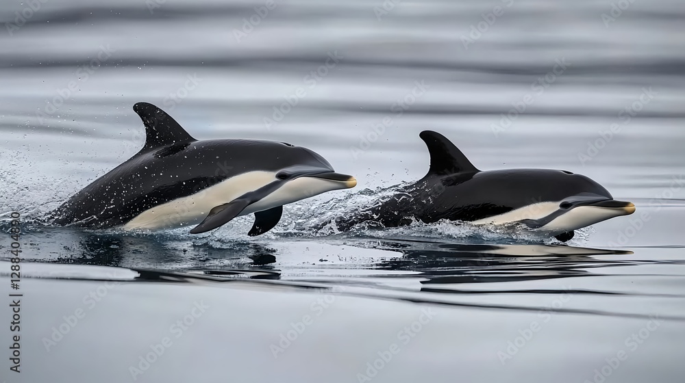 Fototapeta premium Dolphins Leaping Out of Water with Splashes in Motion Capture Style