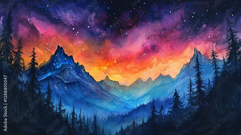 Naklejka premium Watercolor painting of a mountain landscape at night with stars and a colorful sky