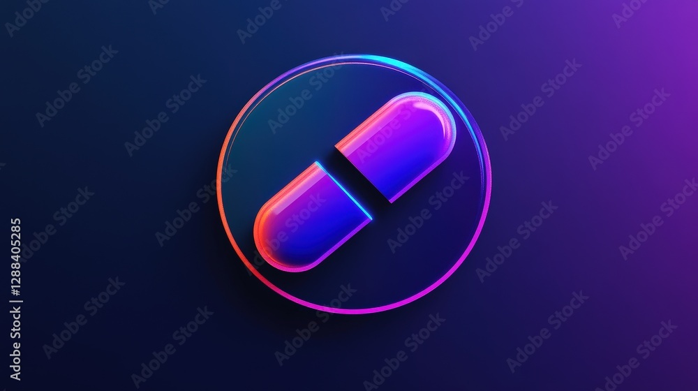 Pill Icon: A vibrant, digital depiction of a split pill, encapsulated within a glowing circular frame, set against a gradient background, symbolizing health and medicine. Pill Icon: A vibrant, digital depiction of a split pill, encapsulated within a glowing circular frame, set against a gradient background, symbolizing health and medicine.