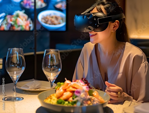 Fototapeta Naklejka Na Ścianę i Meble -  Virtual Dining Experience: A woman immersed in a virtual reality dining experience, glasses and plate of food, capturing a fusion of technology, gastronomy, and a hint of futuristic charm.