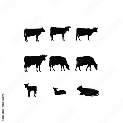 Cow and calf silhouettes isolated on white. Farm cow set vectoe illustration. 