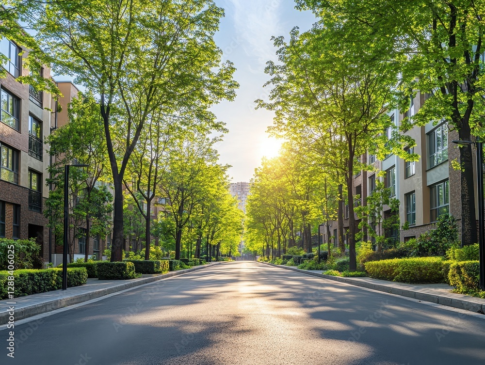 Serene Residential Street Lined with Lush Greenery and Modern Apartments bathed in Sunlight Serene Residential Street Lined with Lush Greenery and Modern Apartments bathed in Sunlight