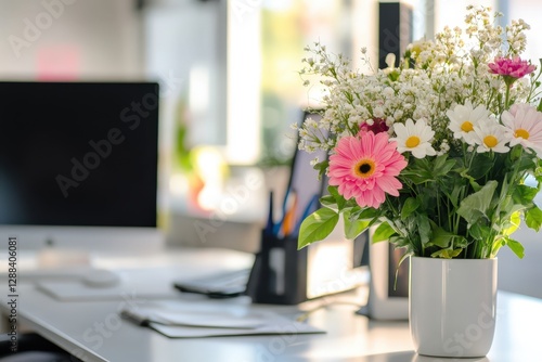 Fototapeta Naklejka Na Ścianę i Meble -  Bouquet of flowers brightening up modern office workspace