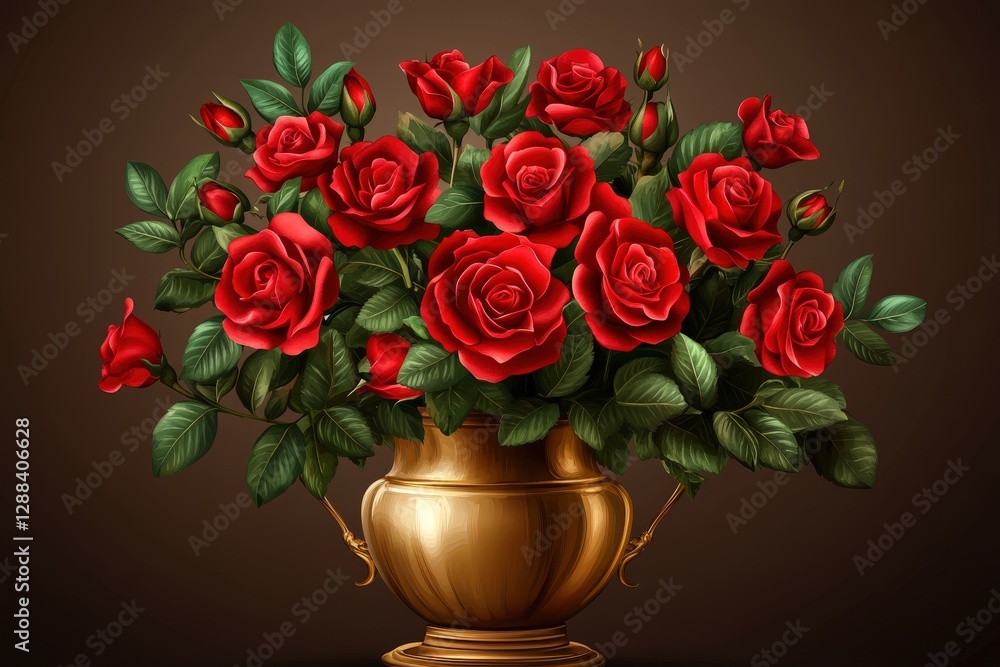 Fototapeta premium Bouquet of red roses blooming in golden vase