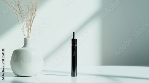 Vaping device on a clean white table with a small ceramic bowl beside it. Featuring simplicity and calm