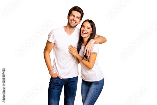 Photo of nice couple in love glad to see old friends talking different stuff wear casual clothes isolated yellow color background