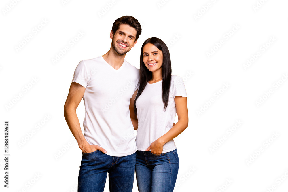 Photo of nice couple hugging ready for first working day reliable people wear casual clothes isolated yellow color background Photo of nice couple hugging ready for first working day reliable people wear casual clothes isolated yellow color background