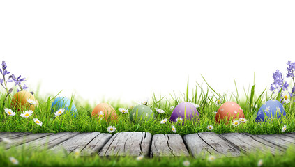 A template of seven painted easter eggs celebrating a Happy Easter with a rustic wooden bench & green meadow grass to place products in front of with a transparent background