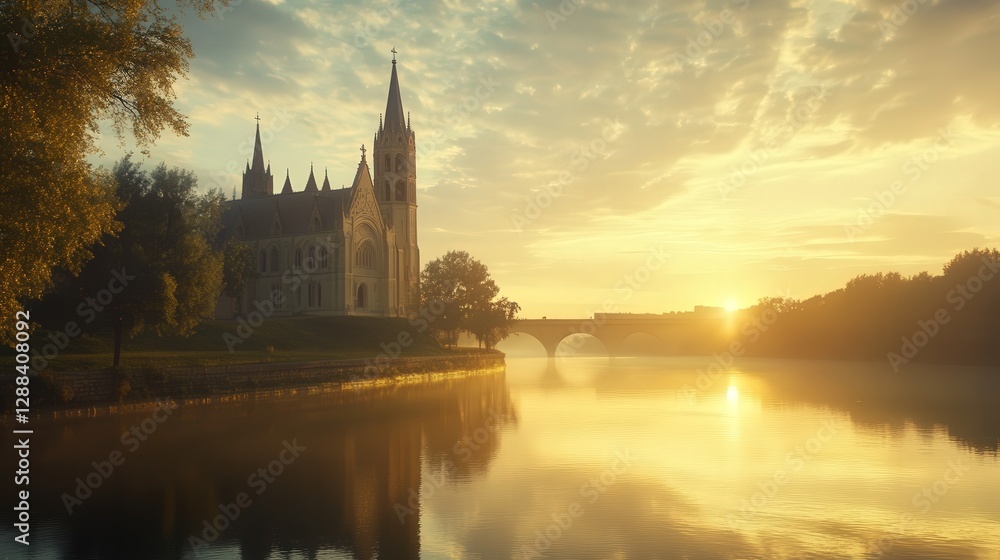 Fototapeta premium a riverside church, with soft morning light illuminating its stone facade. The still river glows with golden reflections from the sky
