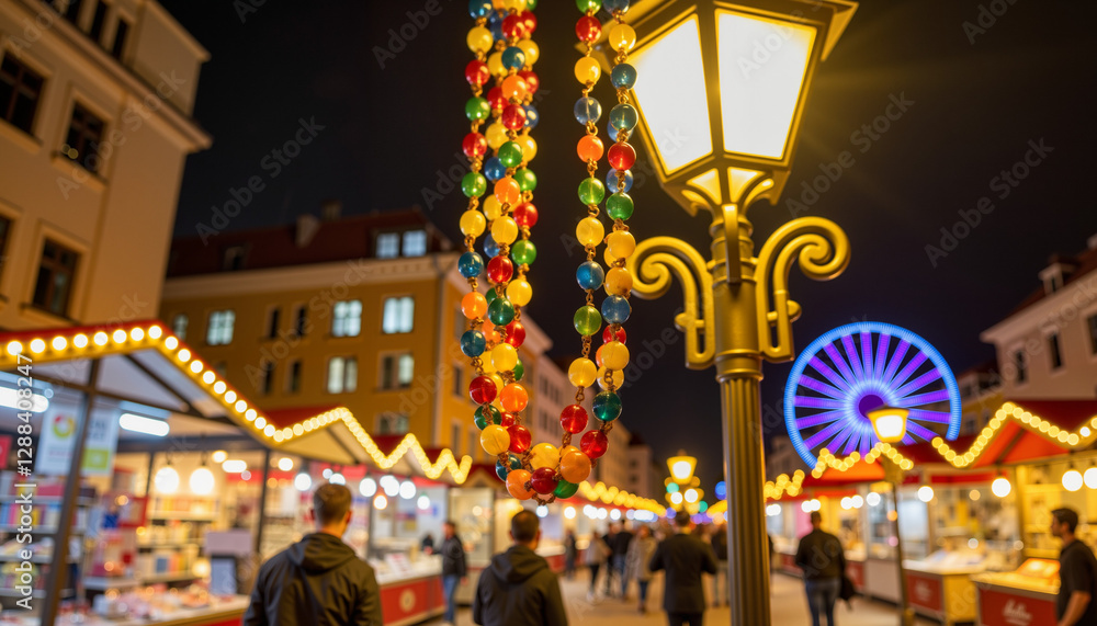 Obraz premium Vibrant beads adorning lamppost at holiday market night, festive cheer