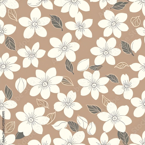 Wallpaper Mural Elegant Floral Pattern: Delicate White Blossoms on Taupe Background Torontodigital.ca
