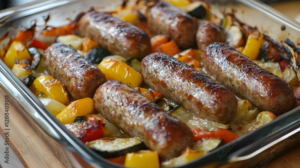 A lamb sausage and vegetable casserole baked to perfection A lamb sausage and vegetable casserole baked to perfection
