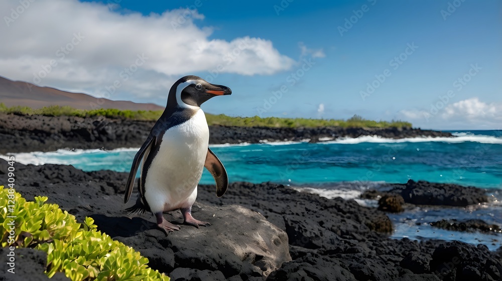 Obraz premium Charming Galápagos Penguin on a Rugged Shoreline with Clear Blue Waters and Volcanic Backdrop