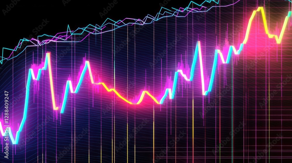 Naklejka premium Vibrant neon background displaying a stock market candlestick chart, highlighting bullish trends and market optimism.